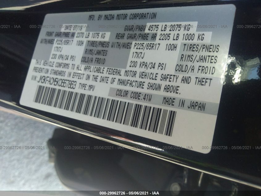 VIN: JM3KFACM5K0667863 | MAZDA CX-5 2019 TOURING Black 2.5L