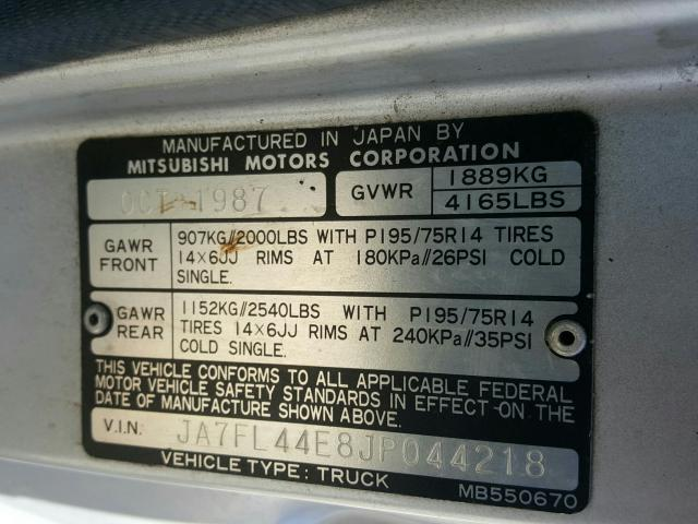 VIN: JA7FL44E8JP044218 | MITSUBISHI MIGHTY MAX 1988 SILVER 2.6L 4